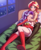 Size: 1650x2000 | Tagged: safe, artist:rockset, starlight glimmer, sunset shimmer, human, equestria girls, g4, bare shoulders, bed, bedroom, between legs, boots, christmas, clothes, costume, cute, daaaaaaaaaaaw, dress, duo, eyeshadow, female, gloves, happy, holiday, human coloration, humanized, indoors, lesbian, light skin, long gloves, makeup, merry christmas, neck hug, night, on back, reclining, santa costume, ship:shimmerglimmer, shipping, shoes, skirt, smiling, snow, snowfall, socks, stockings, sweater, thigh highs, thighs, turtleneck, winter