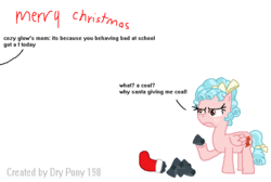 Size: 678x455 | Tagged: safe, artist:drypony198, cozy glow, g4, angry, christmas, christmas stocking, clothes, coal, cozy glow is not amused, engrish, foal, holiday, stockings, thigh highs