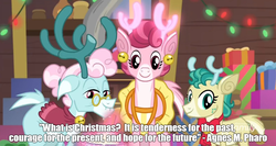 Size: 1615x861 | Tagged: safe, edit, edited screencap, screencap, alice the reindeer, aurora the reindeer, bori the reindeer, deer, reindeer, best gift ever, g4, agnes m pharo, caption, christmas, holiday, image macro, quote, text, the gift givers