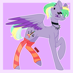 Size: 2030x2030 | Tagged: safe, artist:northlis, oc, oc only, oc:sky 'strings' star, pegasus, pony, chest fluff, choker, clothes, colored wings, commission, ear fluff, ear piercing, earring, face tattoo, female, high res, jewelry, mare, multicolored hair, multicolored wings, necklace, piercing, raised hoof, socks, solo, striped socks, tattoo