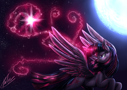 Size: 1169x826 | Tagged: safe, artist:pocketyhat, twilight sparkle, alicorn, pony, g4, female, full moon, glowing horn, horn, magic, moon, night, signature, sky, smiling, solo, twilight sparkle (alicorn)