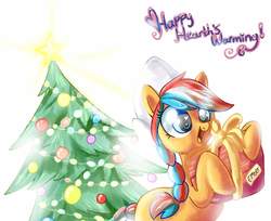 Size: 1594x1298 | Tagged: safe, artist:avui, oc, oc:ember, oc:ember (hwcon), hearth's warming con, christmas, christmas tree, holiday, netherlands, present, tree