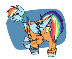 Size: 1700x1400 | Tagged: source needed, useless source url, safe, artist:sunny-synopsis, rainbow dash, pegasus, pony, g4, b-f16, bound wings, chains, clothes, cuffs, female, frustrated, prison outfit, prisoner rd, solo