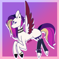 Size: 1820x1820 | Tagged: safe, artist:northlis, oc, oc only, oc:neon gothic, pegasus, pony, androgynous, anklet, blank flank, bracelet, choker, clothes, colored wings, commission, ear piercing, earring, femboy, flying, jewelry, male, multicolored hair, multicolored wings, nose piercing, nose ring, piercing, raised hoof, socks, solo, spiked wristband, stallion, stockings, thigh highs, wristband