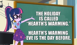 Size: 1460x865 | Tagged: safe, edit, edited screencap, screencap, sci-twi, twilight sparkle, equestria girls, g4, my little pony equestria girls: better together, caption, geode of telekinesis, hearth's warming, hearth's warming eve, image macro, magical geodes, sci-twi's chalkboard, text, truth, twilight sparkle's chalkboard