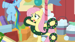 Size: 1920x1080 | Tagged: safe, screencap, fluttershy, rainbow dash, pegasus, pony, best gift ever shorts, g4, my little pony: friendship is magic, the great escape room, bucket, solo focus, standing, standing on one leg, wreath