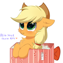 Size: 3000x3000 | Tagged: safe, artist:pesty_skillengton, applejack, earth pony, pony, g4, box, cheek fluff, chest fluff, commissioner:raritybro, cute, daaaaaaaaaaaw, female, heart eyes, high res, implied lesbian, implied rarijack, implied shipping, jackabetes, lesbian, pesty's little gift, pony in a box, present, ship:rarijack, shipping, solo, weapons-grade cute, wingding eyes, ych result