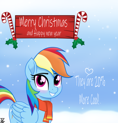 Size: 2300x2400 | Tagged: safe, artist:theretroart88, rainbow dash, pegasus, pony, g4, my little pony: the movie, blushing, candy, candy cane, christmas, clothes, female, food, high res, holiday, scarf, snow, solo, winter outfit
