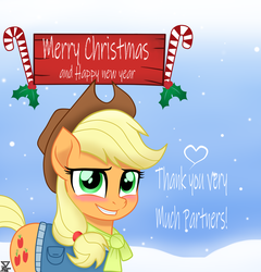Size: 2300x2400 | Tagged: safe, artist:theretroart88, applejack, earth pony, pony, g4, my little pony: the movie, blushing, candy, candy cane, christmas, female, food, high res, holiday, looking at you, snow, solo, winter outfit
