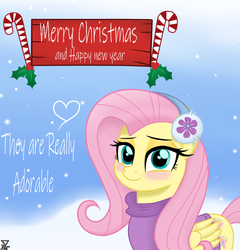 Size: 2300x2400 | Tagged: safe, artist:theretroart88, fluttershy, pegasus, pony, g4, my little pony: the movie, blushing, candy, candy cane, christmas, clothes, cute, earmuffs, female, food, high res, holiday, looking at you, shyabetes, snow, solo, sweater, winter outfit