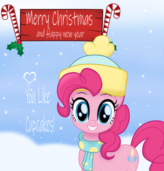 Size: 2300x2400 | Tagged: safe, artist:theretroart88, pinkie pie, earth pony, pony, g4, my little pony: the movie, blushing, candy, candy cane, christmas, clothes, female, food, hat, high res, holiday, looking at you, scarf, snow, solo, winter outfit