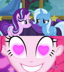 Size: 852x955 | Tagged: safe, artist:themexicanpunisher, edit, screencap, pinkie pie, starlight glimmer, trixie, pony, unicorn, coinky-dink world, equestria girls, g4, my little pony equestria girls: summertime shorts, no second prances, female, heart eyes, meme, pinkie's eyes, shipper on deck, shipping fuel, wingding eyes