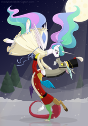 Size: 1200x1725 | Tagged: safe, artist:shadobabe, discord, princess celestia, alicorn, draconequus, pony, g4, clothes, dancing, dress, eye contact, female, looking at each other, male, mare, night, pas de deux, ship:dislestia, shipping, straight, the nutcracker