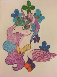 Size: 4032x3024 | Tagged: safe, artist:ice-star-pony, princess celestia, alicorn, pony, g4, blushing, bust, eyelashes, female, flower, flowing mane, missing accessory, solo, surreal, traditional art, wingding eyes