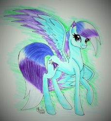 Size: 1152x1256 | Tagged: safe, artist:shadow-nights, oc, oc only, oc:flash light, pegasus, pony, female, mare, paper, signature, simple background, smiling, solo, traditional art, white background