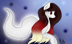 Size: 650x400 | Tagged: safe, artist:shadow-nights, oc, oc only, oc:aave, ghost pony, pony, abstract background, female, gradient hair, gradient mane, mare, signature, smiling, solo