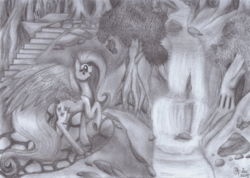 Size: 1733x1236 | Tagged: safe, artist:shadow-nights, fluttershy, butterfly, pegasus, pony, g4, amazed, female, looking at something, mare, monochrome, nature, open mouth, outdoors, pencil drawing, raised hoof, signature, smiling, solo, spread wings, three quarter view, traditional art, tree, water, waterfall, wings