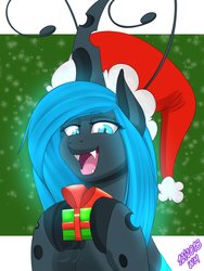 Size: 2481x3293 | Tagged: safe, artist:wolfmask, oc, oc only, oc:queen fylifa, changeling, changeling queen, pony, blue changeling, changeling oc, changeling queen oc, digital art, fangs, female, gift art, happy, high res, mare, open mouth, solo