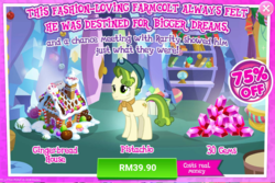 Size: 1031x687 | Tagged: safe, gameloft, pistachio, earth pony, pony, g4, my little pony best gift ever, advertisement, costs real money, fashion, gem, implied rarity, introduction card, male, sale, stallion, teenager