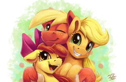 Size: 2000x1294 | Tagged: safe, artist:tsitra360, apple bloom, applejack, big macintosh, earth pony, pony, g4, adorabloom, apple siblings, bow, colored hooves, cute, female, filly, hair bow, hat, hatless, jackabetes, macabetes, male, mare, missing accessory, moon, one eye closed, siblings, signature, smiling, stallion, unshorn fetlocks