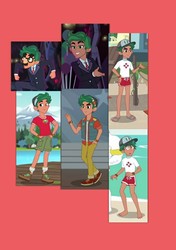 Size: 695x989 | Tagged: safe, artist:spike fancy, bulk biceps, timber spruce, human, equestria girls, equestria girls series, g4, legend of everfree, legend of everfree - bloopers, star crossed, turf war, barefoot, boots, camp everfree outfits, cap, clothes, feet, groucho marx psyche out, hat, legs, lifeguard, lifeguard timber, male, offscreen character, outfits, pants, red background, sandals, shoes, shorts, simple background, smiling, sneakers, suit, vest