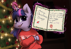 Size: 1879x1299 | Tagged: safe, artist:katputze, twilight sparkle, semi-anthro, g4, arm hooves, christmas, christmas tree, clothes, female, holiday, magic, smiling, solo, sweater, tree