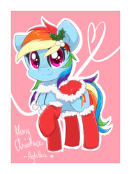 Size: 600x800 | Tagged: safe, artist:agletka, rainbow dash, pony, g4, christmas, christmas stocking, clothes, female, holiday, saddle, simple background, socks, solo, tack, thigh highs