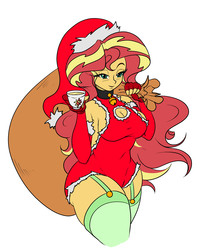 Size: 2000x2500 | Tagged: safe, artist:albertbm, sunset shimmer, equestria girls, g4, boob window, breasts, christmas, cleavage, clothes, costume, female, fingerless gloves, garter belt, garters, gloves, hat, high res, holiday, leotard, sack, santa costume, santa hat, simple background, socks, solo, thigh highs, white background