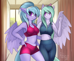 Size: 3648x3000 | Tagged: safe, artist:rublegun, cloudchaser, flitter, pegasus, anthro, adorasexy, armpits, belly button, belly shirt, breasts, busty cloudchaser, busty flitter, clothes, cute, duo, female, looking at you, mare, midriff, pants, reasonably sized breasts, sexy, shorts, signature, sisters, smiling, sports bra, sports shorts, stupid sexy cloudchaser, stupid sexy flitter, yoga pants
