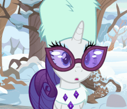 Size: 503x432 | Tagged: safe, screencap, rarity, pony, g4, my little pony best gift ever, animated, bearskin, boots, clothes, female, gif, glasses, shoes, snow, solo, winter, winter outfit
