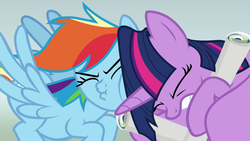 Size: 1280x720 | Tagged: safe, screencap, rainbow dash, twilight sparkle, alicorn, pegasus, pony, g4, the washouts (episode), bonk, crash, eyes closed, female, the washouts, twilight sparkle (alicorn)