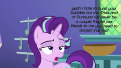 Size: 720x405 | Tagged: safe, edit, edited screencap, screencap, starlight glimmer, pony, unicorn, g4, comments locked down, cropped, female, graveyard of comments, implied sunburst, implied trixie, mare, mouthpiece, open mouth, shipping denied, solo, taken, text, text edit