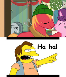 Size: 600x698 | Tagged: safe, edit, screencap, big macintosh, marble pie, sugar belle, earth pony, pony, g4, my little pony best gift ever, female, heartbroken marble, male, nelson muntz, ship:sugarmac, shipping, side chick, stallion, straight, the simpsons