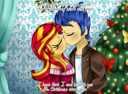 Size: 980x716 | Tagged: safe, artist:lucy-tan, flash sentry, sunset shimmer, human, equestria girls, g4, christmas, christmas tree, cropped, eyes closed, female, holiday, humanized, male, romantic, ship:flashimmer, shipping, straight, tree