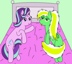 Size: 3312x2912 | Tagged: safe, artist:cocacola1012, starlight glimmer, oc, oc:gumdrops, pegasus, pony, unicorn, g4, bed, bedroom eyes, bedsheets, high res