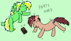 Size: 3872x2256 | Tagged: safe, artist:cocacola1012, oc, oc:cressida, oc:gumdrops, pegasus, pony, unicorn, cassette player, dancing, female, high res, mare, simple background