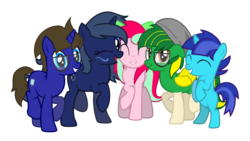 Size: 2699x1518 | Tagged: safe, artist:kiwipone, oc, oc:daylight dream, oc:kiwi aura, oc:lucidia gem, oc:max seller, oc:midnight music, 2019 community collab, derpibooru community collaboration, colt, cute, female, group photo, happy, male, simple background, transparent background, updated