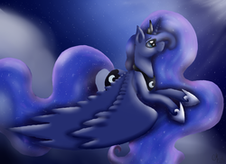 Size: 1755x1276 | Tagged: safe, artist:shadow-nights, princess luna, alicorn, pony, g4, ethereal mane, female, flying, mare, night, signature, smiling, solo, spread wings, starry mane, starry night, stars, wings