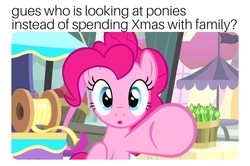 Size: 1408x936 | Tagged: safe, edit, edited screencap, screencap, pinkie pie, earth pony, pony, g4, caption, christmas, female, holiday, image macro, looking at you, meme, pointing at you, solo, text