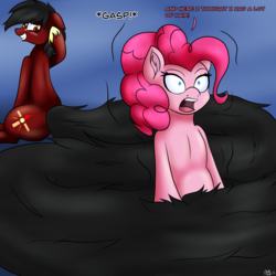 Size: 2000x2000 | Tagged: safe, artist:novaspark, pinkie pie, oc, oc:losian, g4, blushing, dialogue, embarrassed, gasp, high res, long tail, simple background