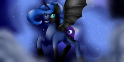 Size: 8000x4000 | Tagged: safe, artist:shadow-nights, nightmare moon, princess luna, alicorn, pony, g4, absurd resolution, bat wings, duality, ethereal mane, eye clipping through hair, fangs, female, halloween, holiday, looking at you, mare, nightmare night, signature, smiling, solo, starry mane, starry night, wings