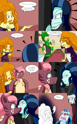 Size: 2000x3200 | Tagged: safe, artist:jake heritagu, adagio dazzle, chancellor neighsay, sonata dusk, oc, oc:dolly dusk, oc:ninja brad, oc:rux, comic:aria's archives, equestria girls, g4, clothes, comic, dagger to the heart, dialogue, dress, equestria girls-ified, female, high res, laughing, male, nom, parent:chancellor neighsay, parent:sonata dusk, plushie, sonata needs all of her ass kicked, speech bubble
