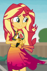Size: 594x900 | Tagged: safe, screencap, sunset shimmer, equestria girls, equestria girls series, g4, x marks the spot, animated, clothes, cropped, female, food, geode of empathy, gif, magical geodes, skirt, skirt lift, sleeveless, sushi, swimsuit, wind, windswept hair