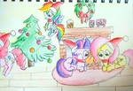 Size: 2527x1731 | Tagged: safe, artist:sumi-mlp25, fluttershy, pinkie pie, rainbow dash, twilight sparkle, pony, g4, christmas, christmas tree, clothes, cookie, fireplace, food, hat, holiday, one eye closed, photos, rug, santa hat, scarf, traditional art, tree, wink, wooden floor, wreath