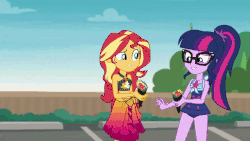 Size: 800x450 | Tagged: safe, screencap, henry handle, manestrum, meal ticket, pinkie pie, sci-twi, sunset shimmer, technicolor waves, twilight sparkle, water lily (g4), human, equestria girls, equestria girls series, g4, x marks the spot, animated, ass, background human, beach shorts swimsuit, bikini, butt, child, clothes, crying, duo, duo female, feet, female, fire, fire breath, fire pinkie, flip-flops, food, geode of empathy, geode of sugar bombs, geode of telekinesis, gif, glasses, green fire, jewelry, magical geodes, necklace, pain, ponytail, red face, roe, sandals, sarong, sleeveless, sushi, sushi cone, swimsuit, tankini, tears of pain, toddler, trio, trio female, wasabi, well, wet hair