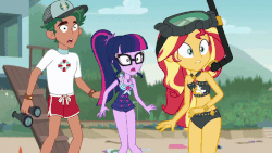 Size: 800x450 | Tagged: safe, screencap, sci-twi, sunset shimmer, timber spruce, twilight sparkle, equestria girls, g4, my little pony equestria girls: better together, unsolved selfie mysteries, animated, belly button, bikini, clothes, cowering, discussion in the comments, dive mask, geode of empathy, geode of telekinesis, gif, lifeguard timber, magical geodes, midriff, ponytail, scared, shipping war in the comments, sleeveless, snorkel, sunset shimmer's beach shorts swimsuit, swimsuit, terrified