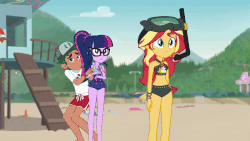 Size: 800x450 | Tagged: safe, screencap, sci-twi, sunset shimmer, timber spruce, twilight sparkle, equestria girls, g4, my little pony equestria girls: better together, unsolved selfie mysteries, animated, beach shorts swimsuit, belly button, bikini, clothes, embarrassed, frown, geode of empathy, geode of shielding, geode of sugar bombs, geode of super speed, geode of super strength, geode of telekinesis, gif, legs, lifeguard timber, looking at each other, looking away, magical geodes, midriff, scared, sleeveless, sunset shimmer's beach shorts swimsuit, swimsuit, unamused