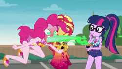 Size: 800x450 | Tagged: safe, edit, edited edit, edited screencap, screencap, pinkie pie, sci-twi, sunset shimmer, twilight sparkle, human, equestria girls, g4, my little pony equestria girls: better together, x marks the spot, animated, blaaaaaarg, clothes, crying, female, fire, fire breath, fire pinkie, flaming eyes, gif, glasses, red face, sleeveless, swimsuit, tears of pain, trio, trio female