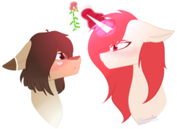 Size: 1274x928 | Tagged: safe, artist:okimichan, oc, oc only, oc:claire, oc:red ace, earth pony, pony, unicorn, bust, female, lesbian, magic, mare, mistletoe, oc x oc, portrait, shipping, simple background, transparent background