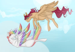 Size: 1280x887 | Tagged: safe, artist:chakraxx, oc, oc only, oc:melody shy, oc:sky prism, pegasus, pony, blank flank, colored wings, duo, female, filly, flying, multicolored wings, next generation, offspring, parent:big macintosh, parent:double diamond, parent:fluttershy, parent:rainbow dash, parents:doubledash, parents:fluttermac, rainbow feathers, rainbow hair, rainbow wings, signature, upside down